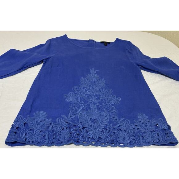 J.Crew Women Size 0 (Sm) 100% Linen Top Blue Embroidered Eyelet Coastal Resort - Picture 3 of 9